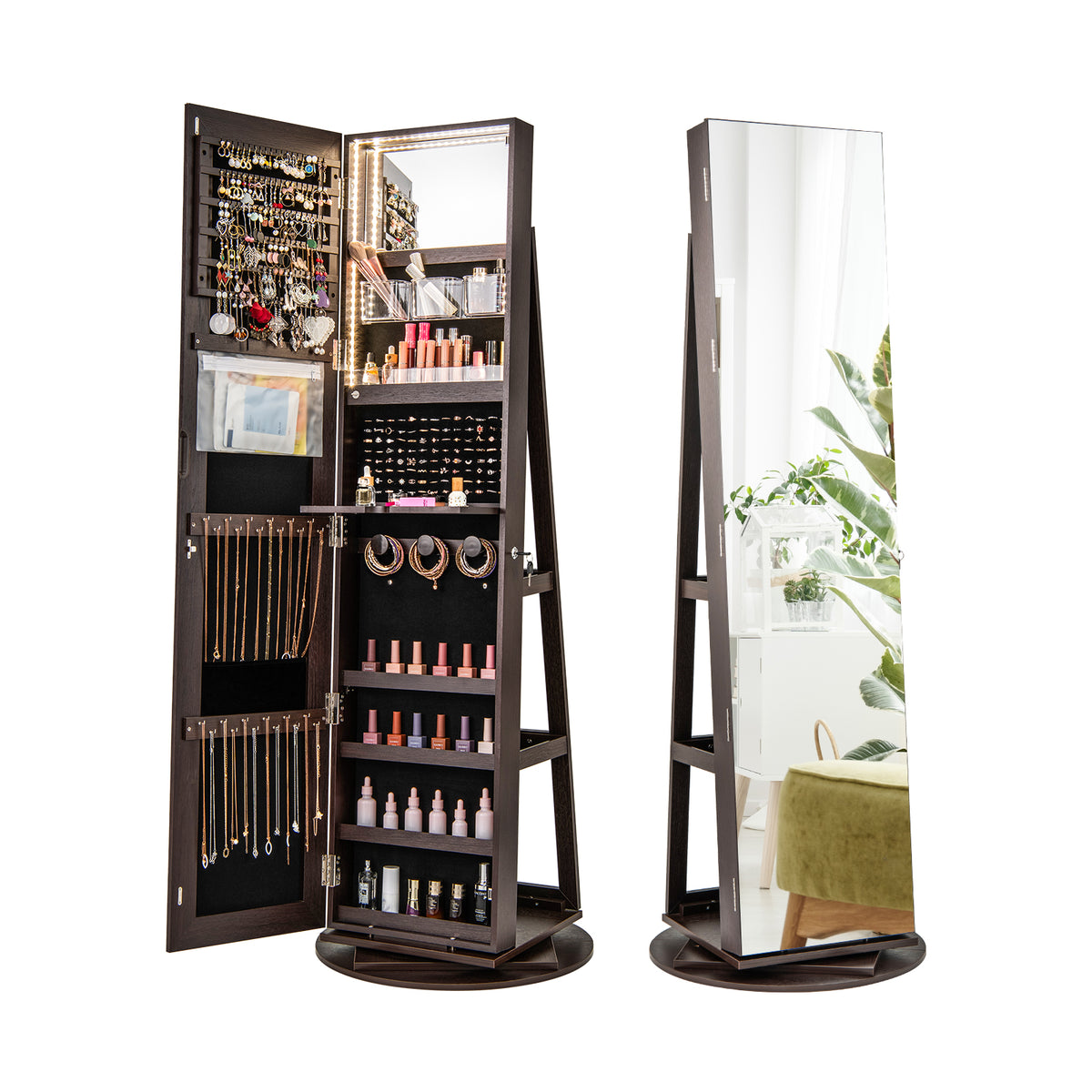 360° Rotating Mirrored Jewelry Cabinet Armoire 3 Color LED Modes Lockable-Espresso-Jewelry Armoires-DECOROLALA