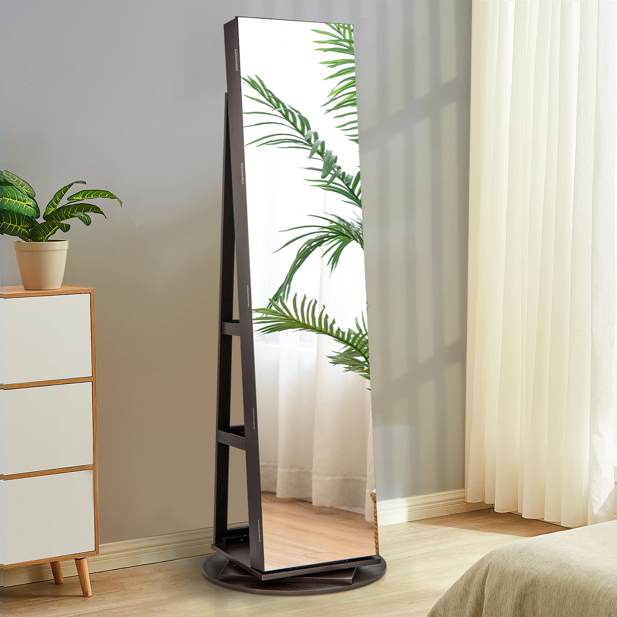 360° Rotating Mirrored Jewelry Cabinet Armoire 3 Color LED Modes Lockable-Espresso-Jewelry Armoires-DECOROLALA