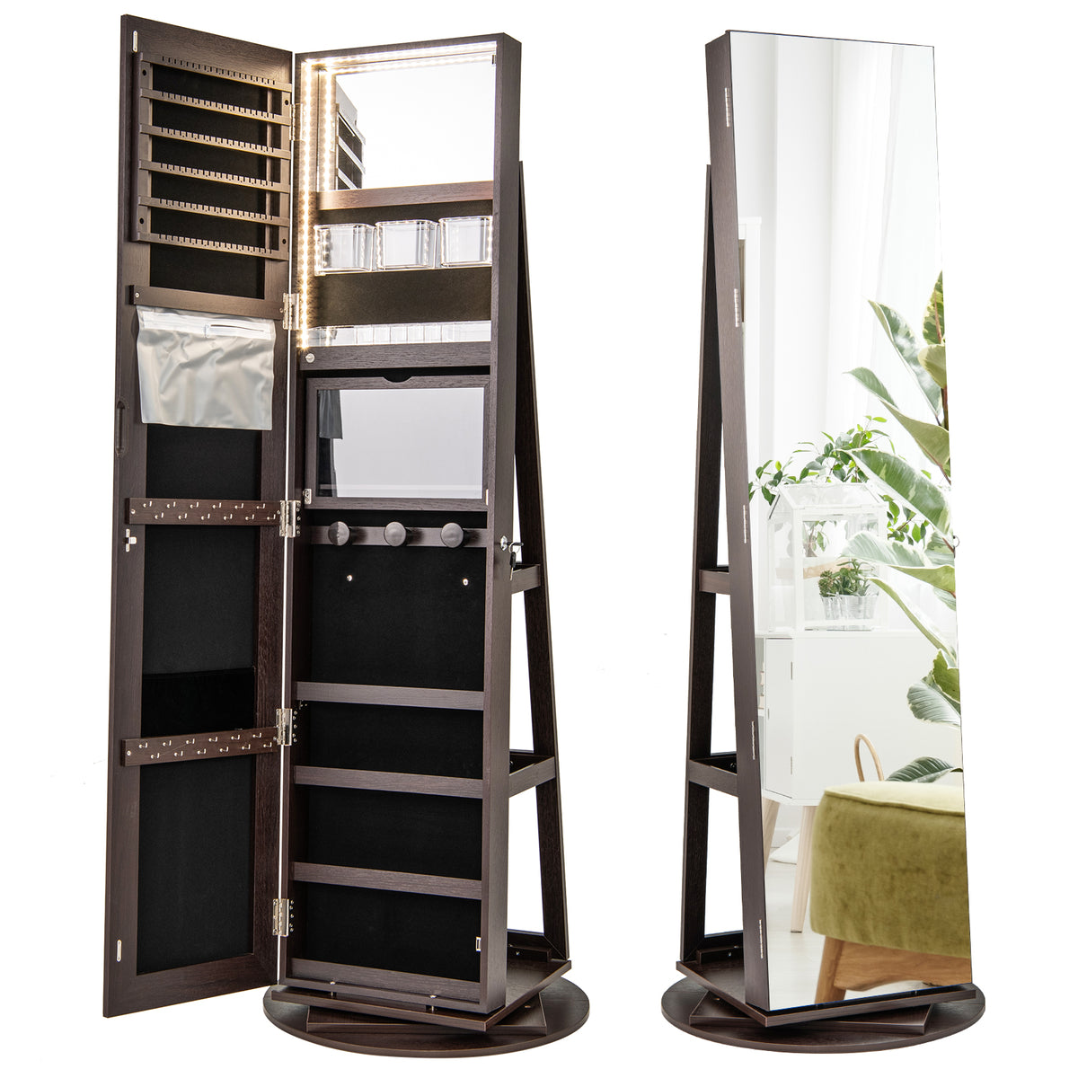 360° Rotating Mirrored Jewelry Cabinet Armoire 3 Color LED Modes Lockable-Espresso-Jewelry Armoires-DECOROLALA