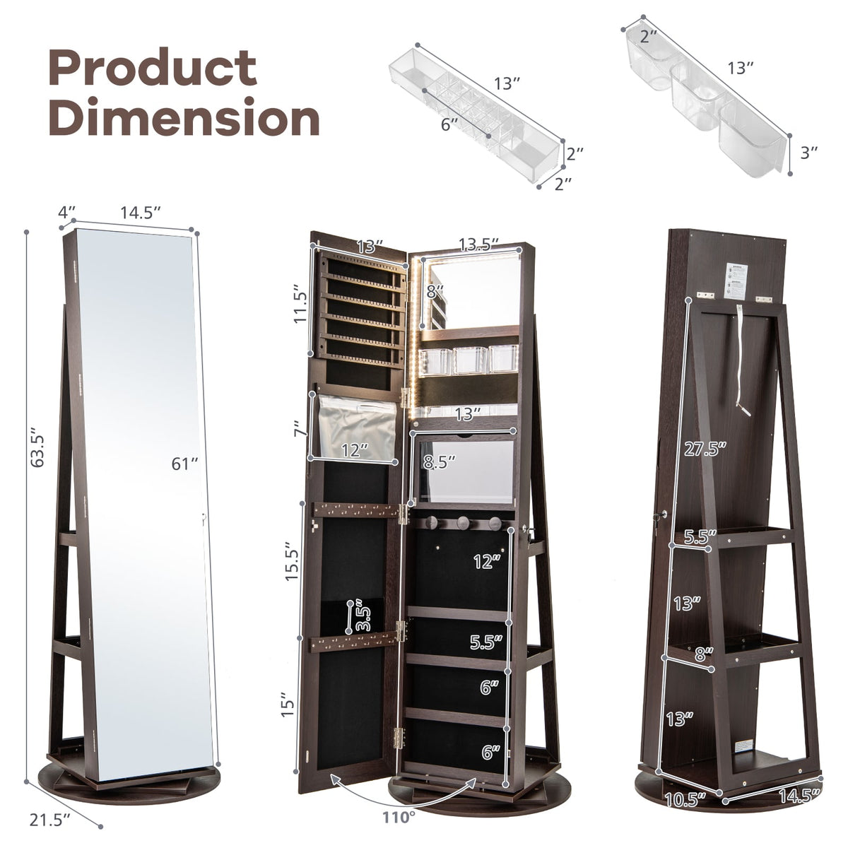 360° Rotating Mirrored Jewelry Cabinet Armoire 3 Color LED Modes Lockable-Espresso-Jewelry Armoires-DECOROLALA