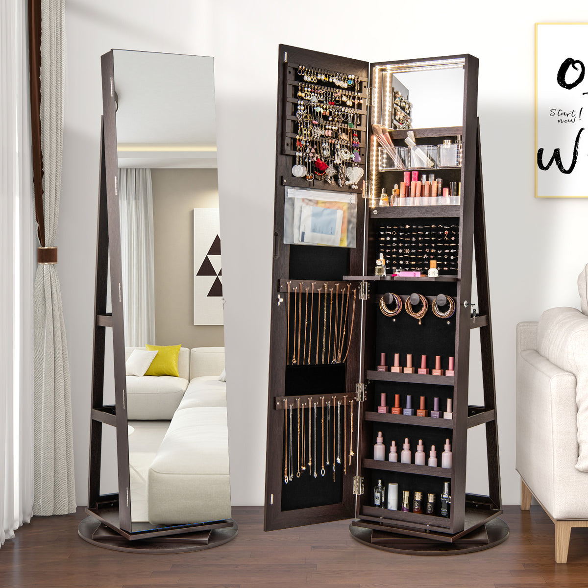 360° Rotating Mirrored Jewelry Cabinet Armoire 3 Color LED Modes Lockable-Espresso-Jewelry Armoires-DECOROLALA
