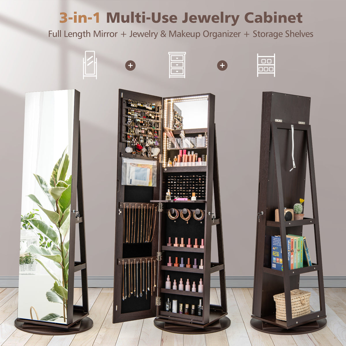 360° Rotating Mirrored Jewelry Cabinet Armoire 3 Color LED Modes Lockable-Espresso-Jewelry Armoires-DECOROLALA
