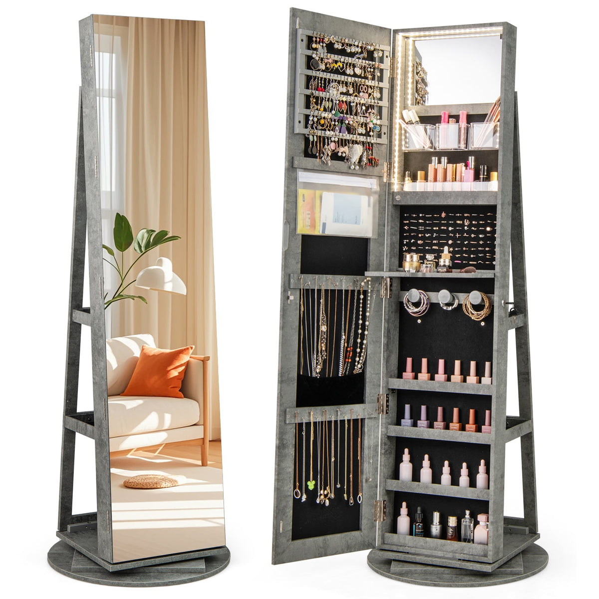 360° Rotating Mirrored Jewelry Cabinet Armoire 3 Color LED Modes Lockable-Green-Jewelry Armoires-DECOROLALA