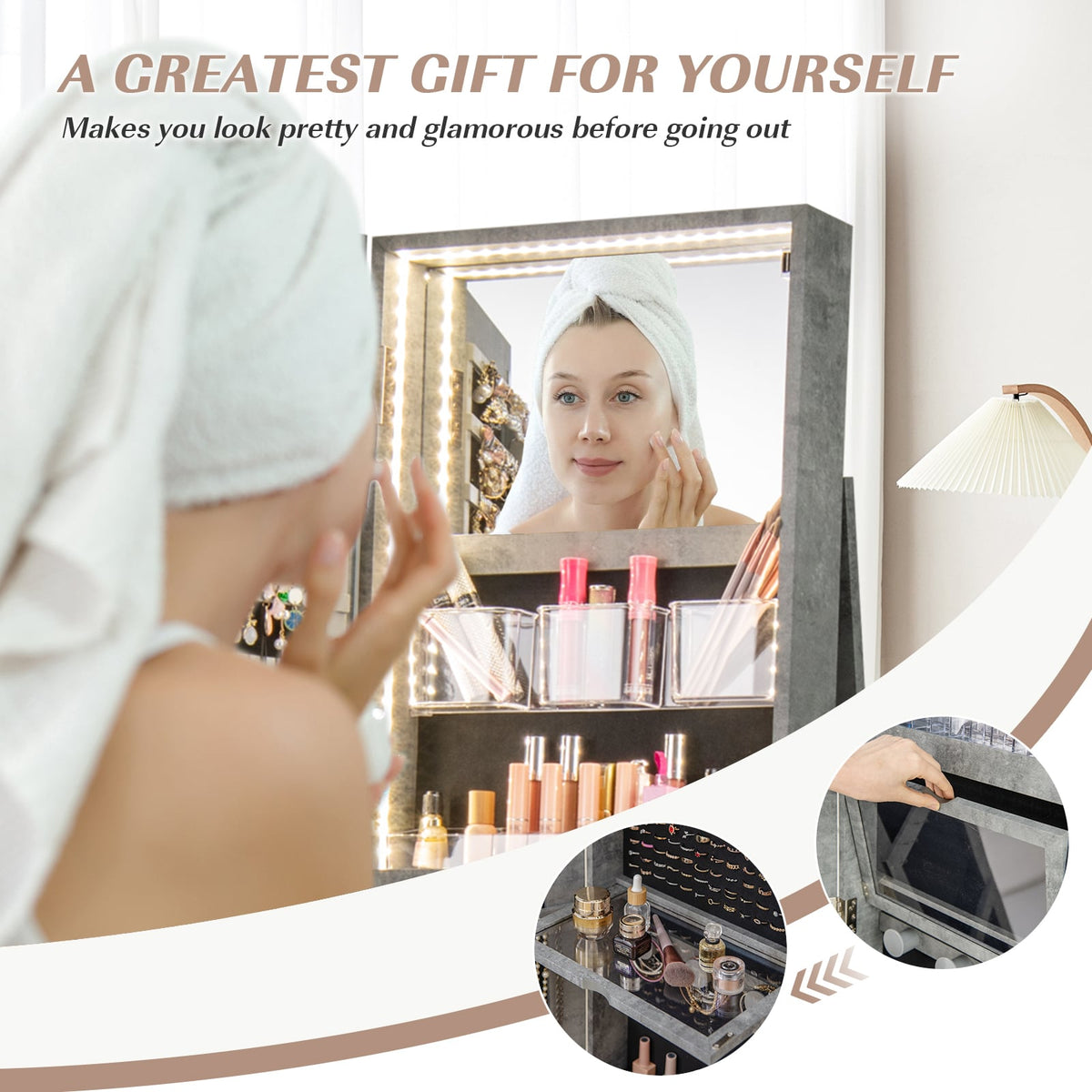 360° Rotating Mirrored Jewelry Cabinet Armoire 3 Color LED Modes Lockable-Green-Jewelry Armoires-DECOROLALA