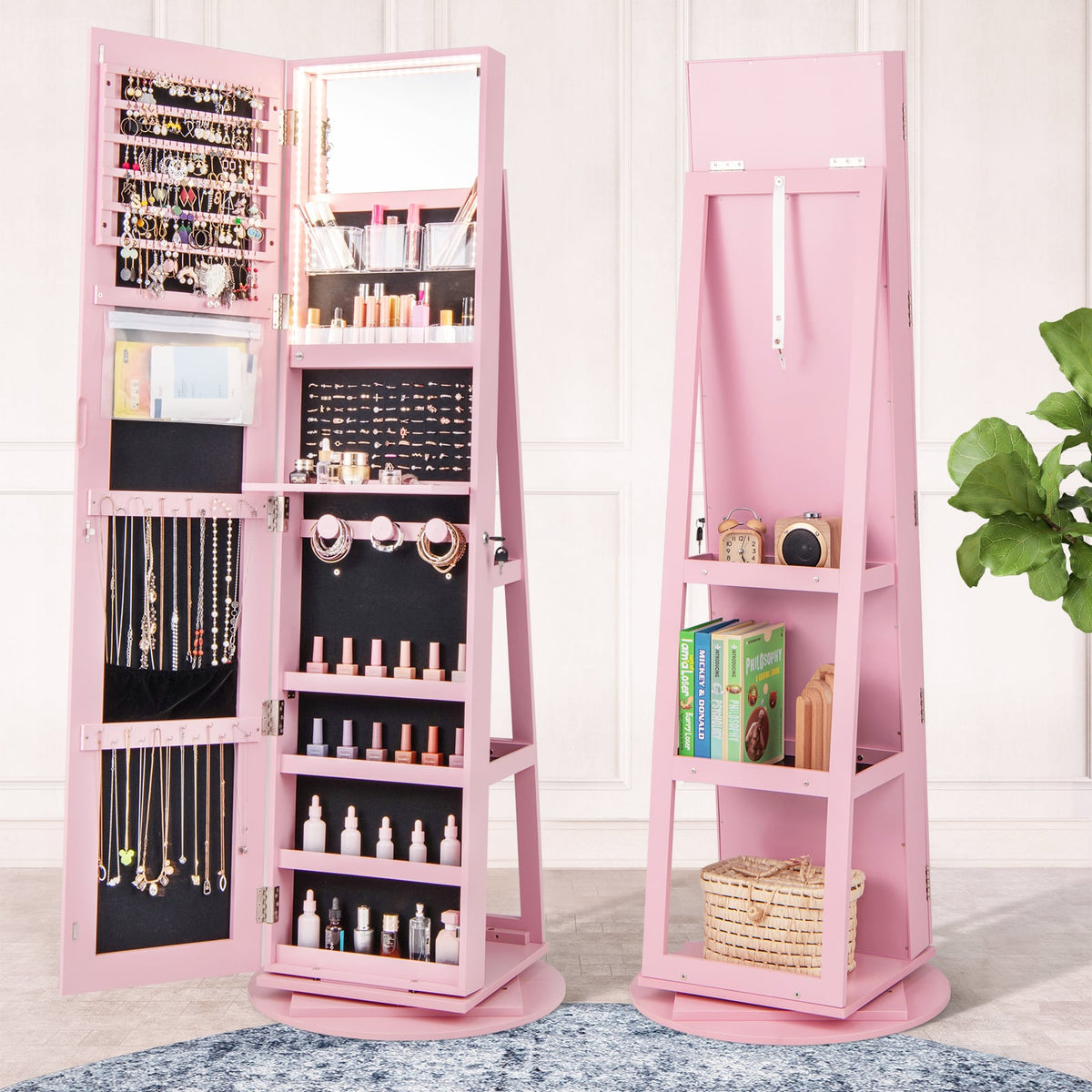360° Rotating Mirrored Jewelry Cabinet Armoire 3 Color LED Modes Lockable-Pink-Jewelry Armoires-DECOROLALA