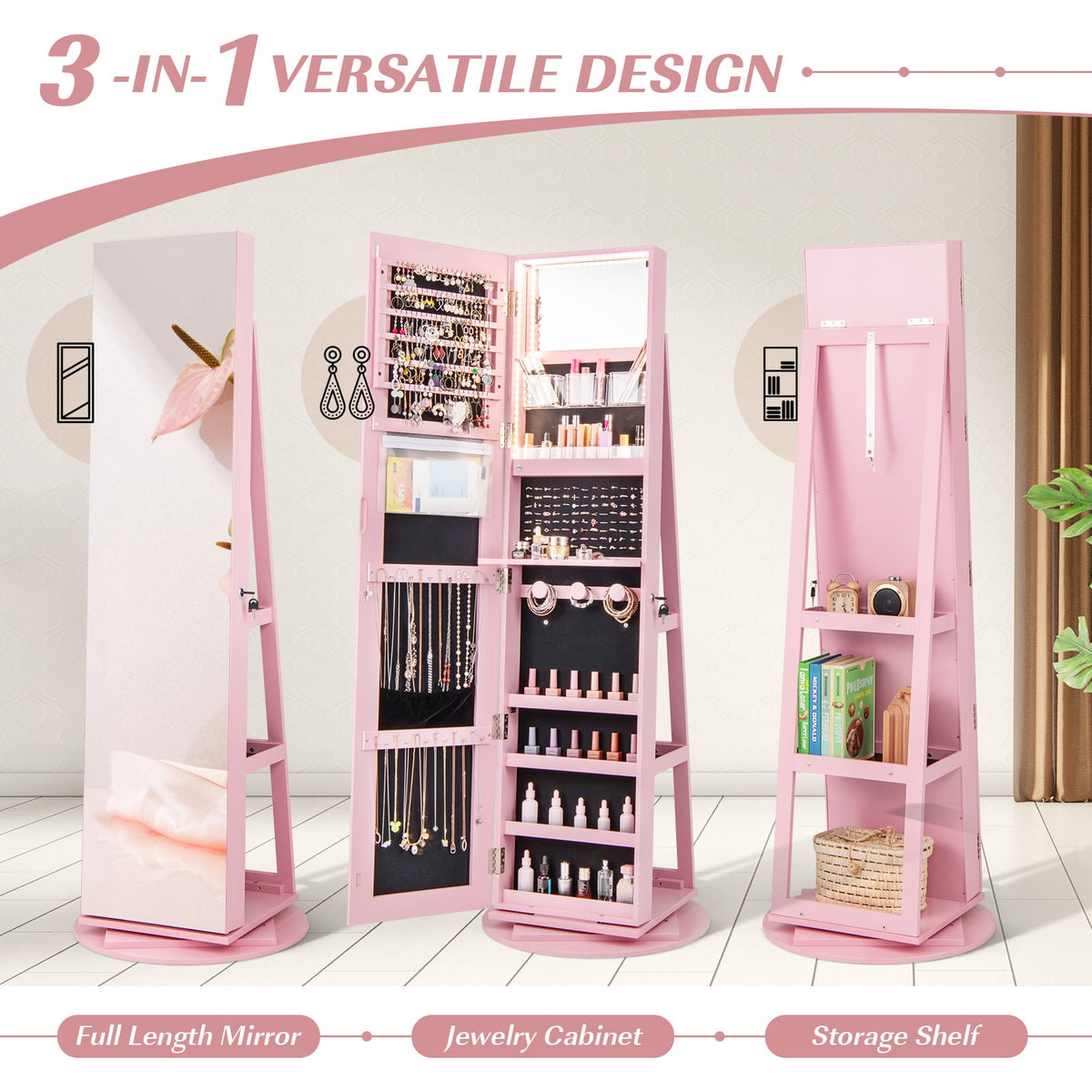 360° Rotating Mirrored Jewelry Cabinet Armoire 3 Color LED Modes Lockable-Pink-Jewelry Armoires-DECOROLALA