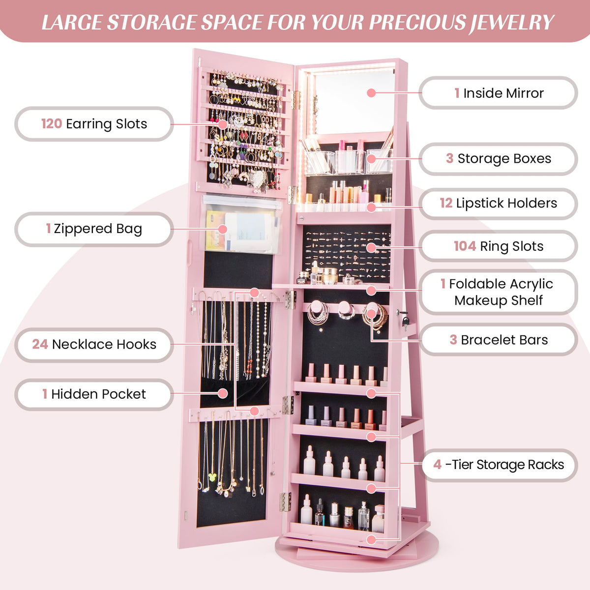 360° Rotating Mirrored Jewelry Cabinet Armoire 3 Color LED Modes Lockable-Pink-Jewelry Armoires-DECOROLALA