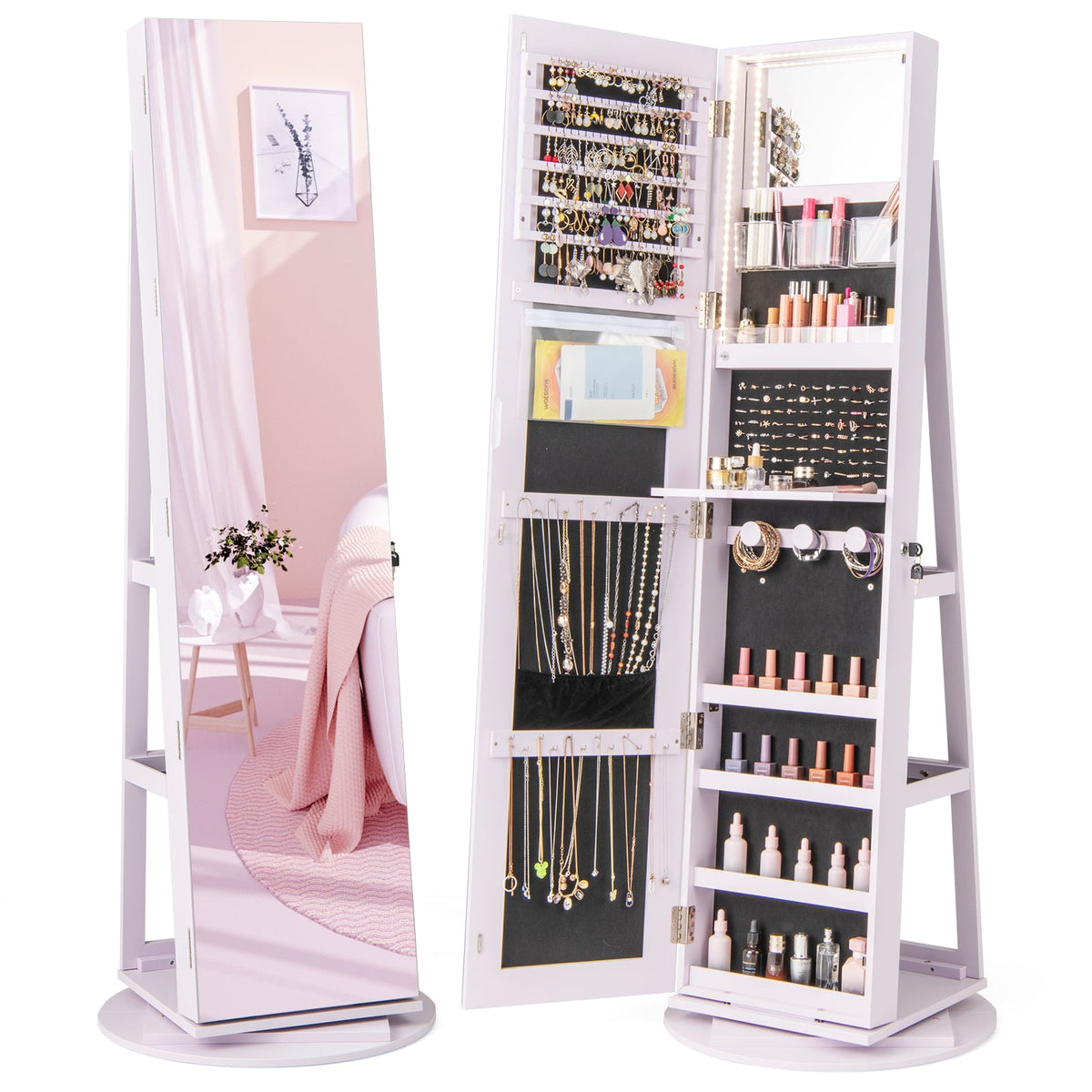 360° Rotating Mirrored Jewelry Cabinet Armoire 3 Color LED Modes Lockable-Purple-Jewelry Armoires-DECOROLALA
