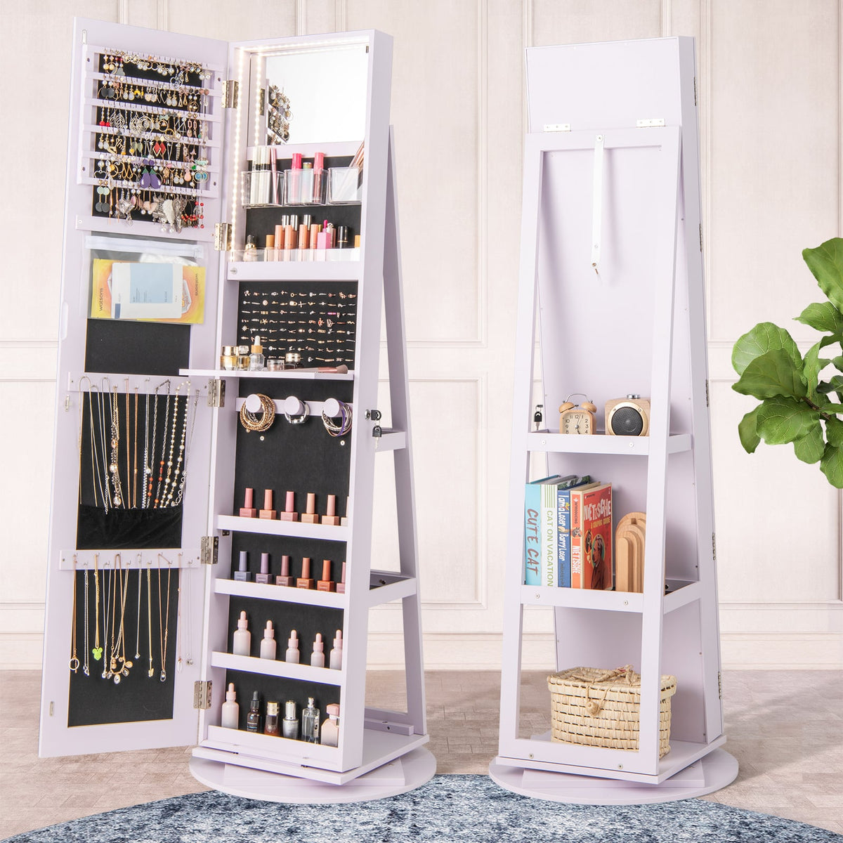 360° Rotating Mirrored Jewelry Cabinet Armoire 3 Color LED Modes Lockable-Purple-Jewelry Armoires-DECOROLALA