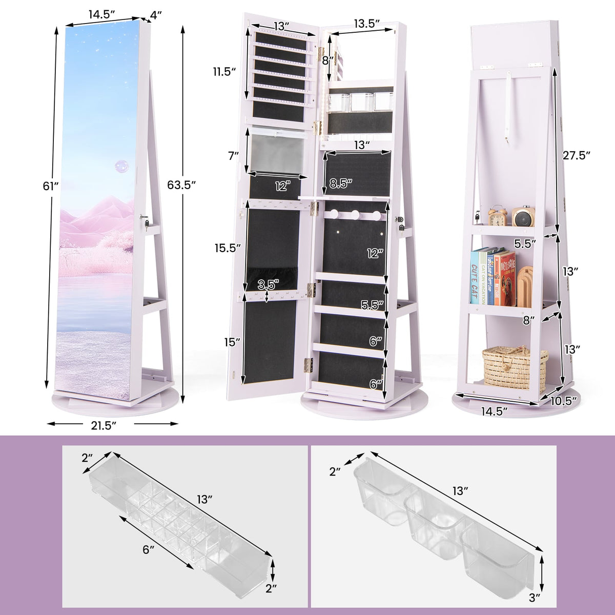 360° Rotating Mirrored Jewelry Cabinet Armoire 3 Color LED Modes Lockable-Purple-Jewelry Armoires-DECOROLALA
