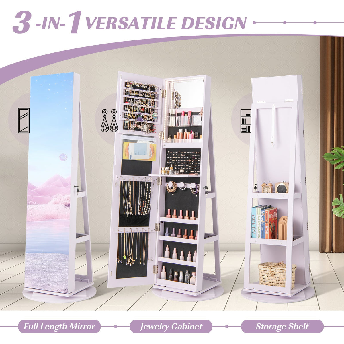 360° Rotating Mirrored Jewelry Cabinet Armoire 3 Color LED Modes Lockable-Purple-Jewelry Armoires-DECOROLALA
