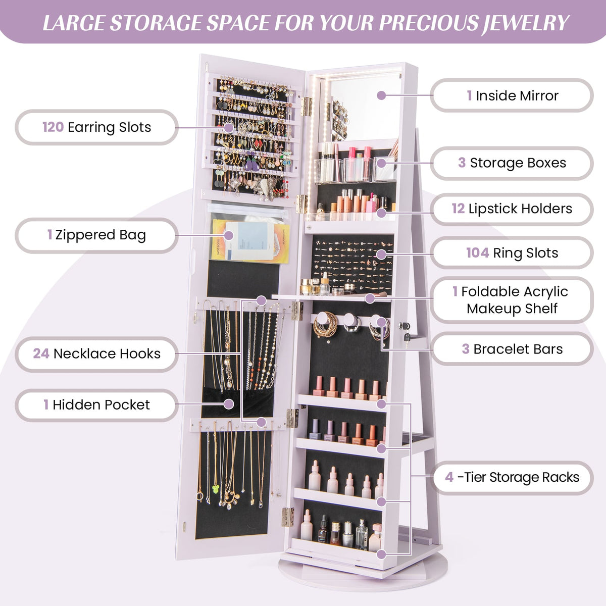 360° Rotating Mirrored Jewelry Cabinet Armoire 3 Color LED Modes Lockable-Purple-Jewelry Armoires-DECOROLALA