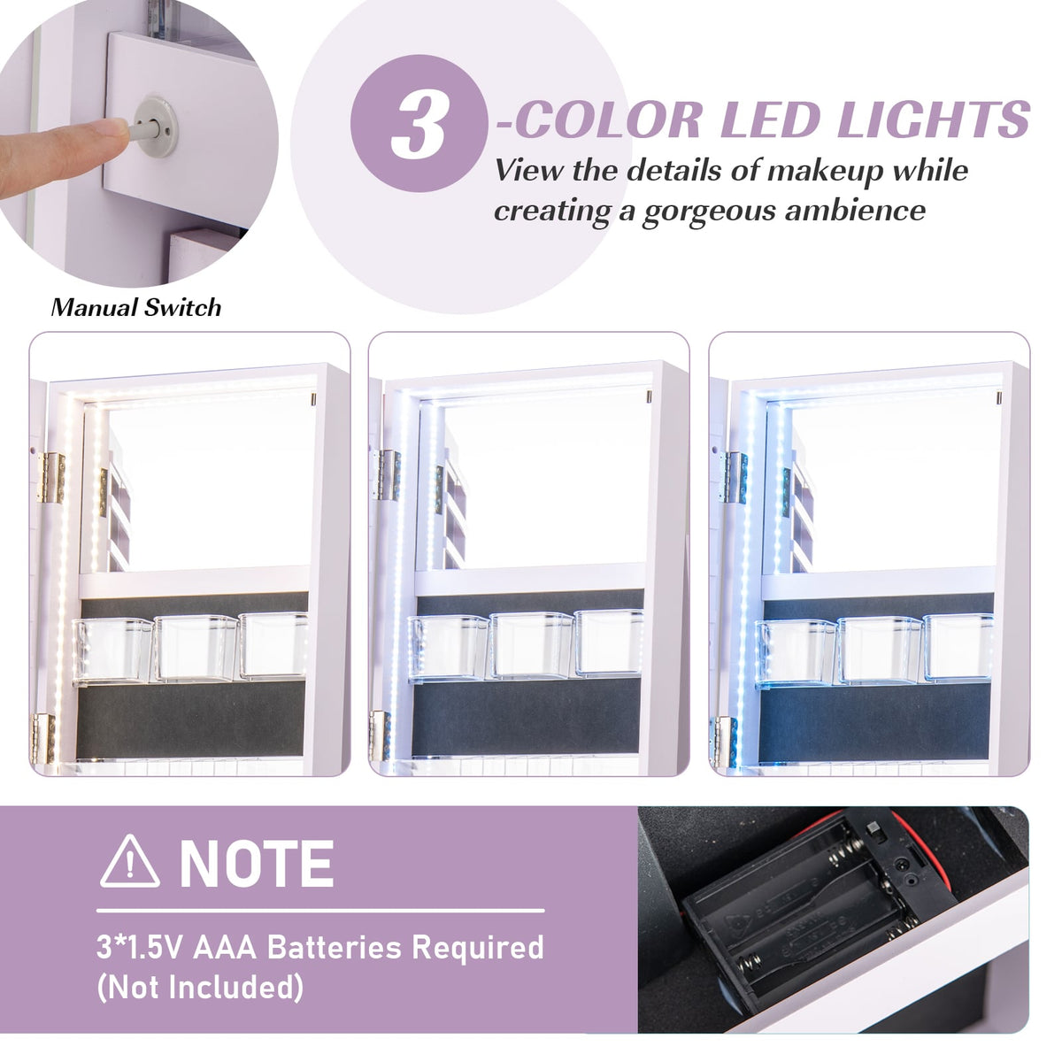 360° Rotating Mirrored Jewelry Cabinet Armoire 3 Color LED Modes Lockable-Purple-Jewelry Armoires-DECOROLALA