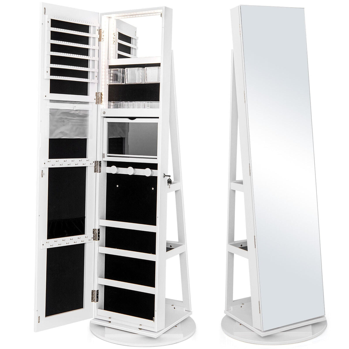 360° Rotating Mirrored Jewelry Cabinet Armoire 3 Color LED Modes Lockable-White-Jewelry Armoires-DECOROLALA