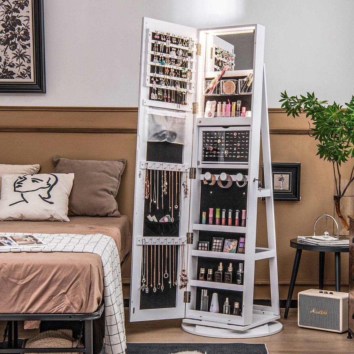 360° Rotating Mirrored Jewelry Cabinet Armoire 3 Color LED Modes Lockable-White-Jewelry Armoires-DECOROLALA