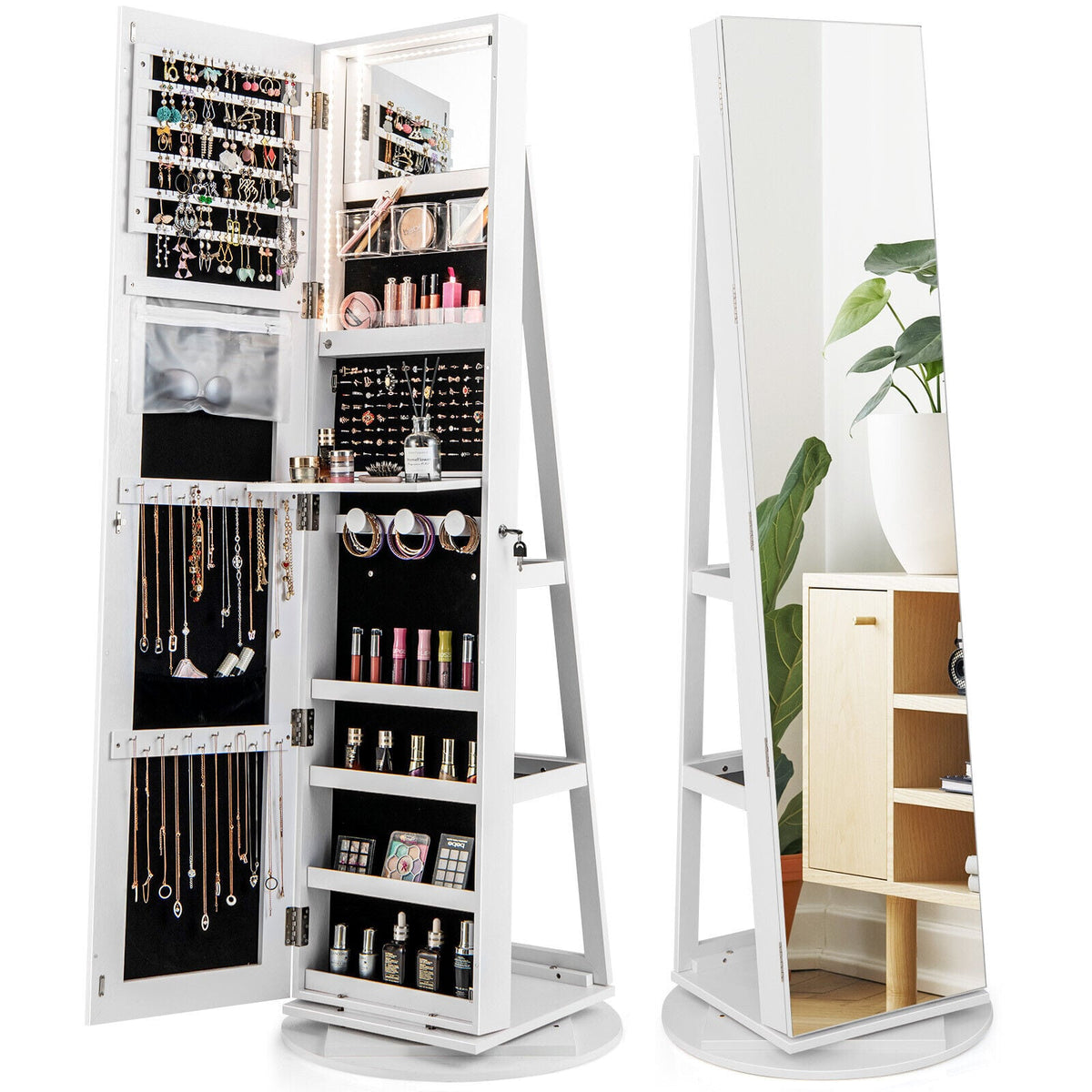 360° Rotating Mirrored Jewelry Cabinet Armoire 3 Color LED Modes Lockable-White-Jewelry Armoires-DECOROLALA