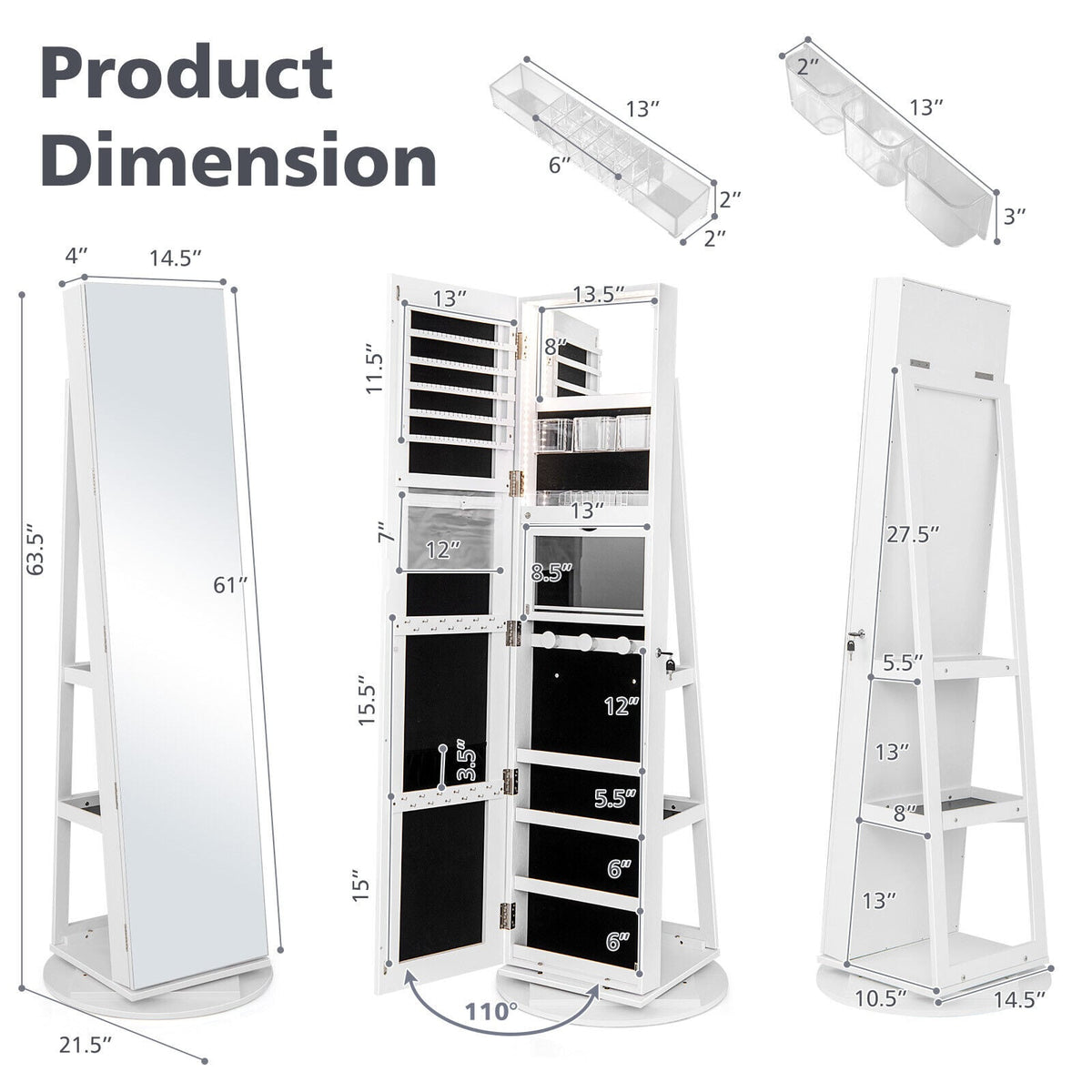 360° Rotating Mirrored Jewelry Cabinet Armoire 3 Color LED Modes Lockable-White-Jewelry Armoires-DECOROLALA