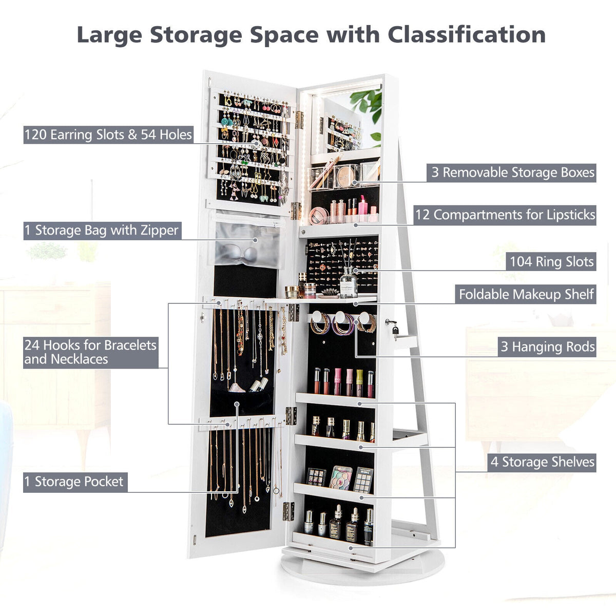 360° Rotating Mirrored Jewelry Cabinet Armoire 3 Color LED Modes Lockable-White-Jewelry Armoires-DECOROLALA