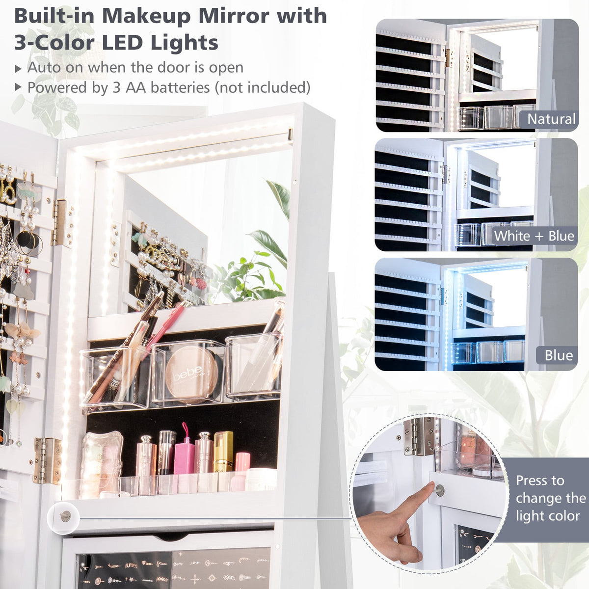 360° Rotating Mirrored Jewelry Cabinet Armoire 3 Color LED Modes Lockable-White-Jewelry Armoires-DECOROLALA