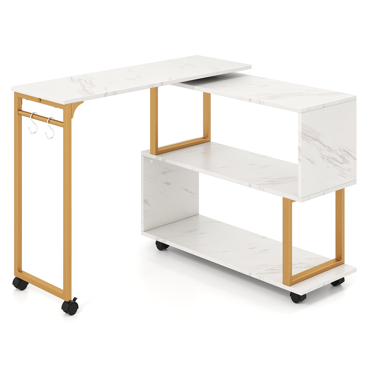 360° Rotating Sofa Side Table with Storage Bookcase and Hooks for Living Room-White-End & Side Tables-DECOROLALA