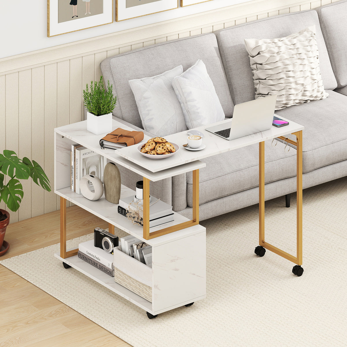 360° Rotating Sofa Side Table with Storage Bookcase and Hooks for Living Room-White-End & Side Tables-DECOROLALA