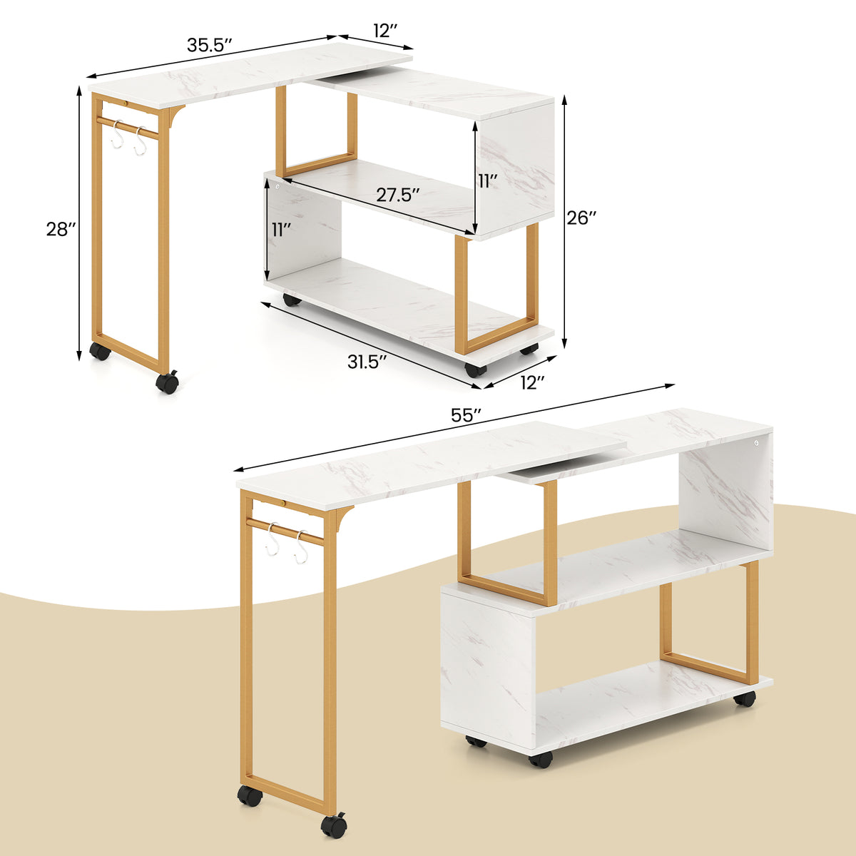 360° Rotating Sofa Side Table with Storage Bookcase and Hooks for Living Room-White-End & Side Tables-DECOROLALA