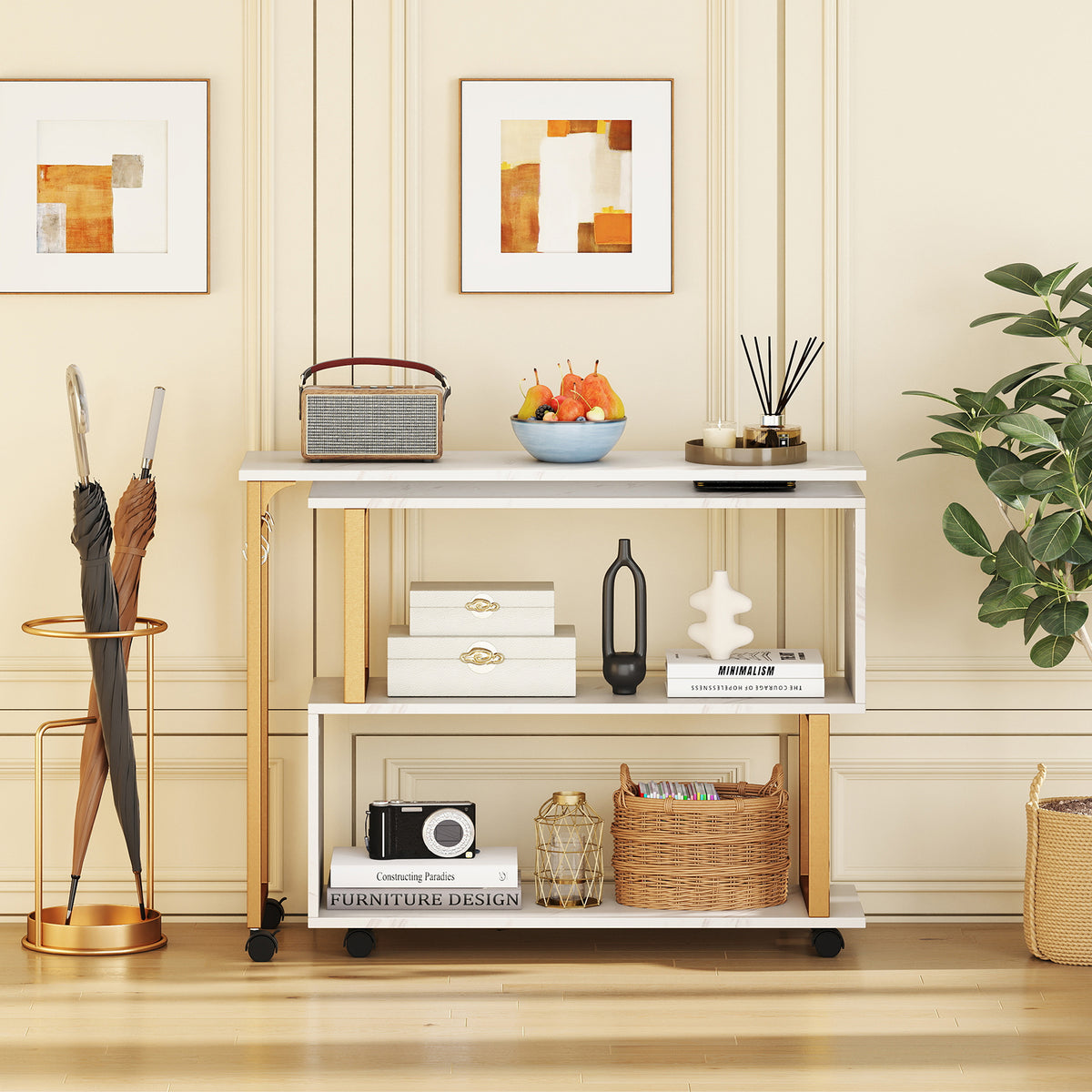 360° Rotating Sofa Side Table with Storage Bookcase and Hooks for Living Room-White-End & Side Tables-DECOROLALA