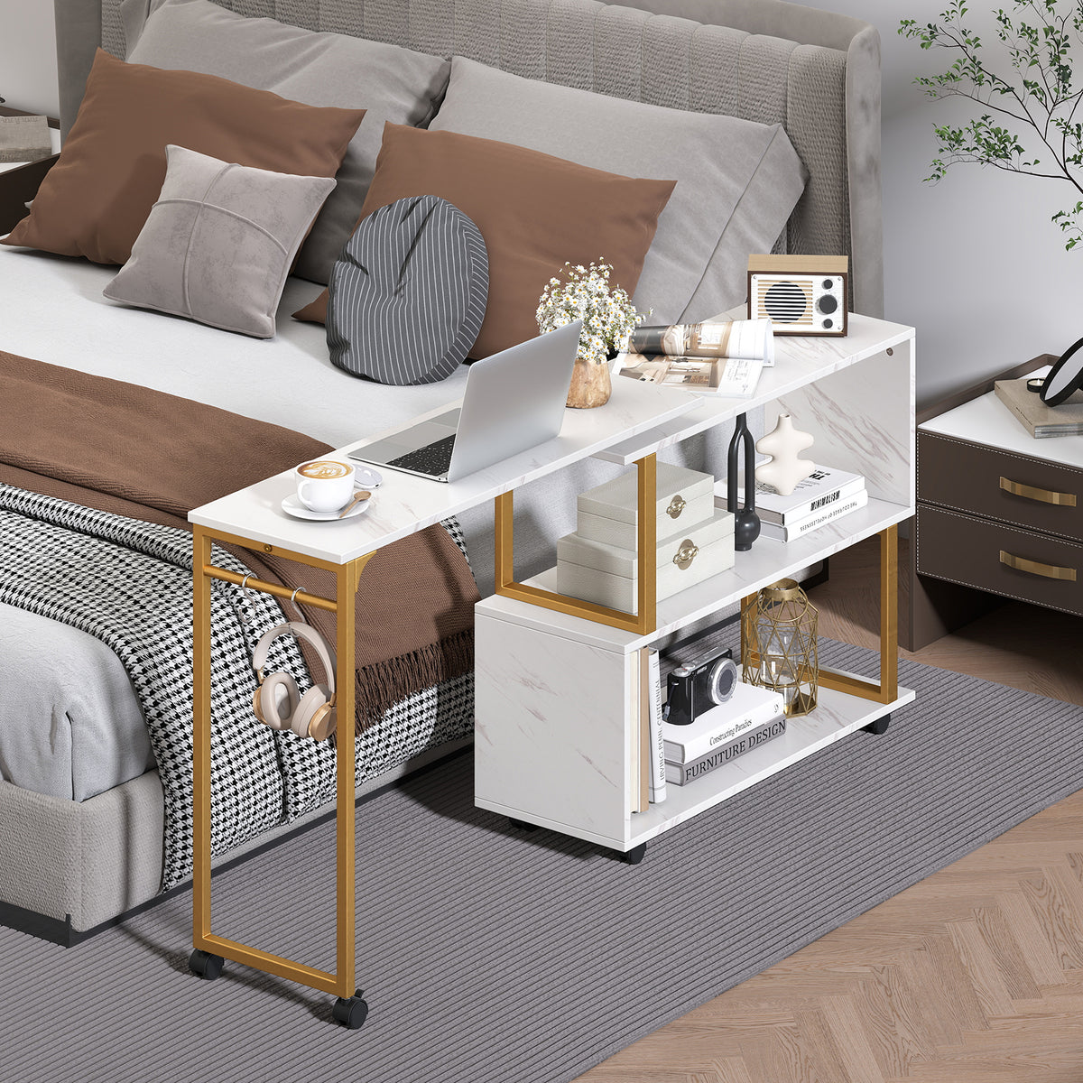 360° Rotating Sofa Side Table with Storage Bookcase and Hooks for Living Room-White-End & Side Tables-DECOROLALA