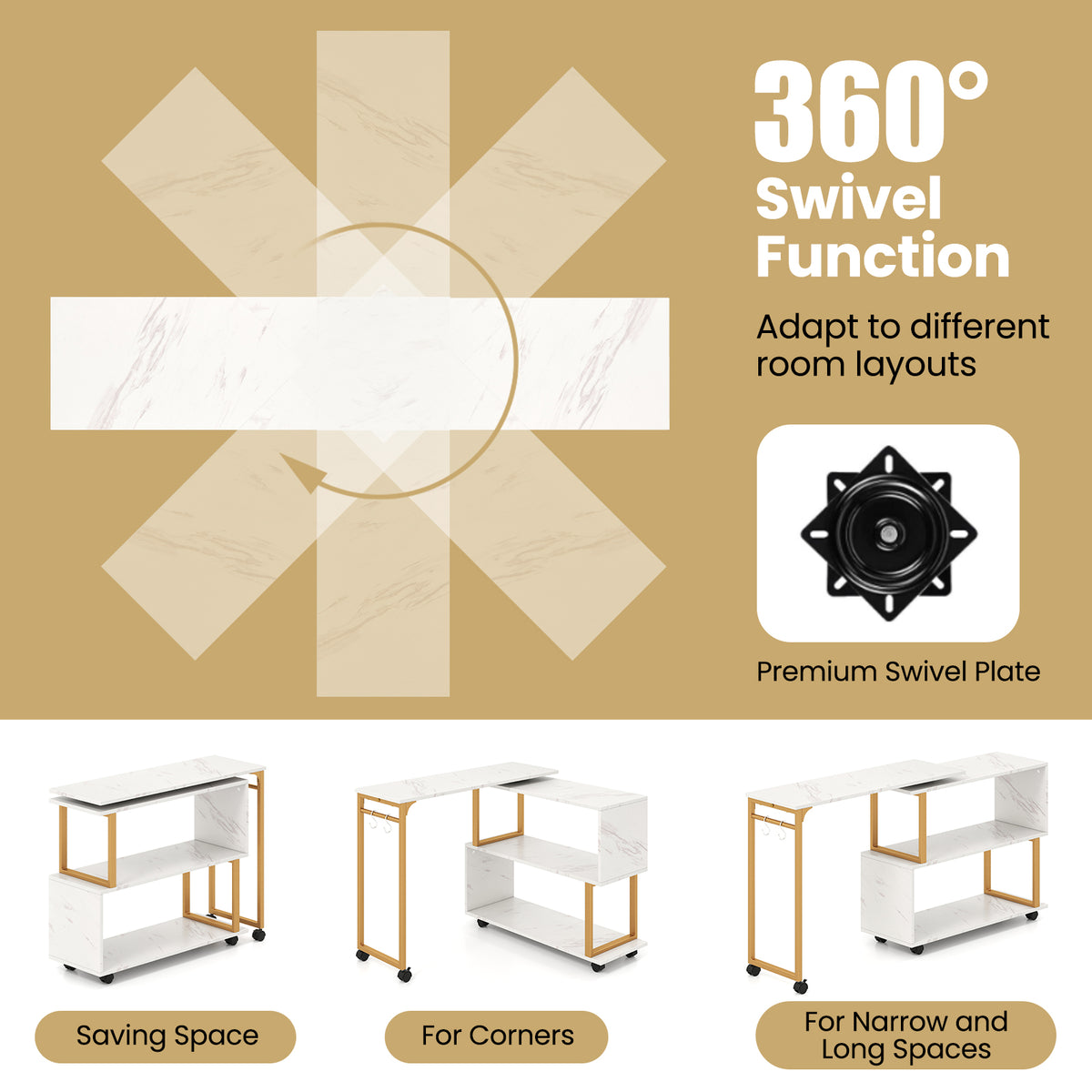360° Rotating Sofa Side Table with Storage Bookcase and Hooks for Living Room-White-End & Side Tables-DECOROLALA