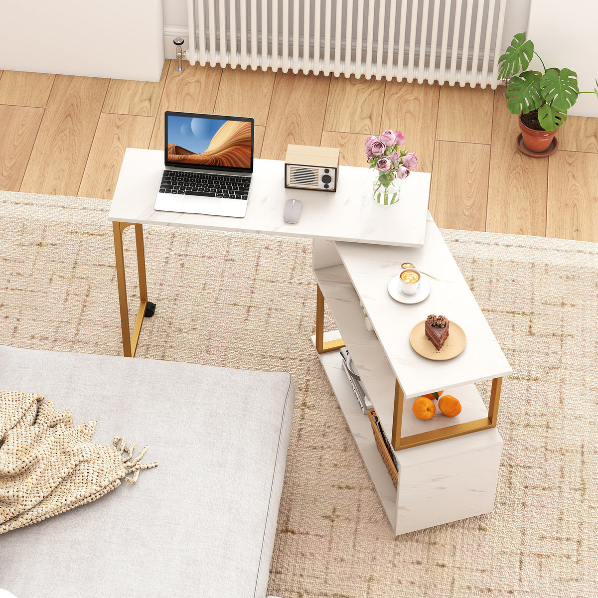 360° Rotating Sofa Side Table with Storage Bookcase and Hooks for Living Room-White-End & Side Tables-DECOROLALA