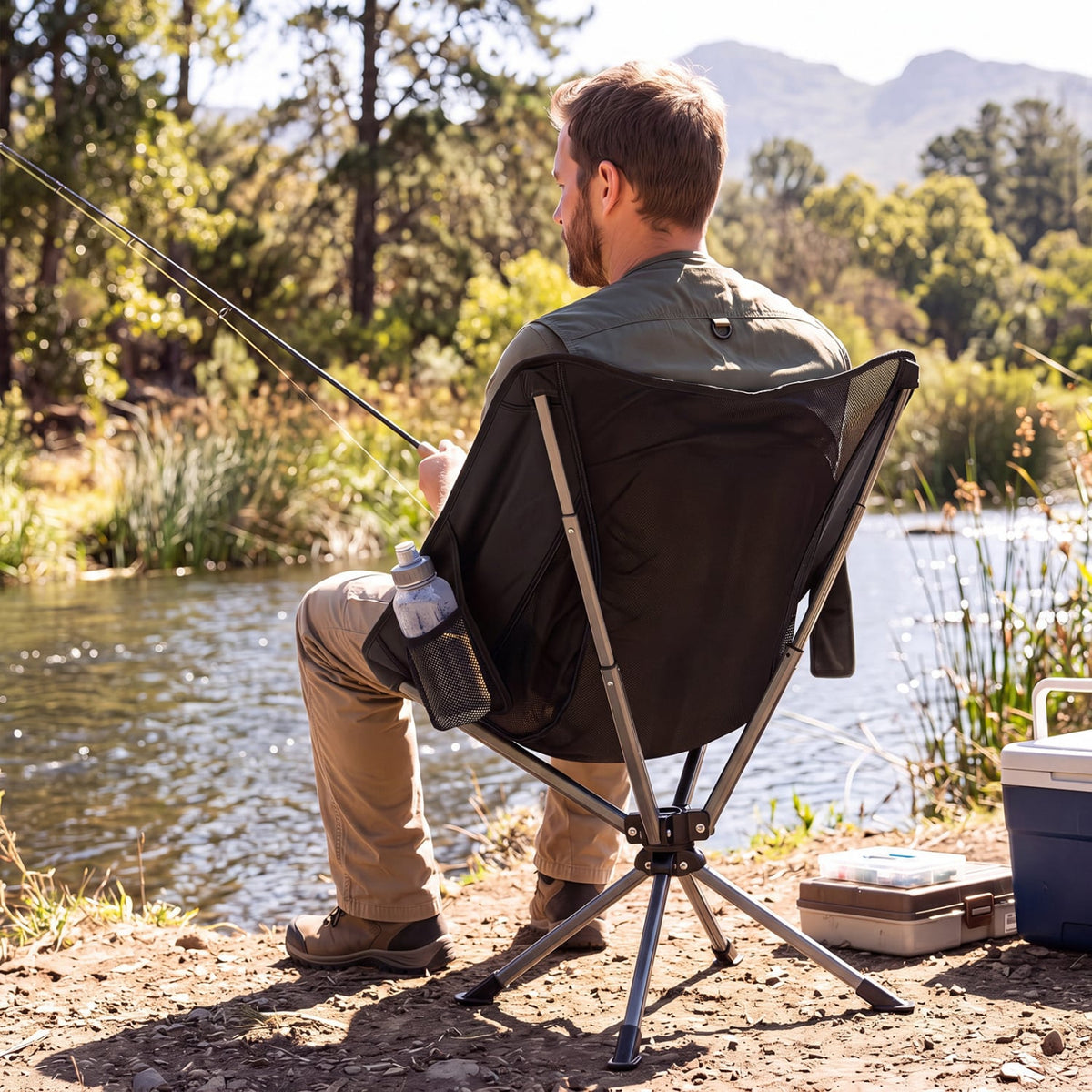 360° Swivel Camping Chair with Cup Holder and Side Pocket for Beach Support 300 LBS-Black-Camping Furniture-DECOROLALA