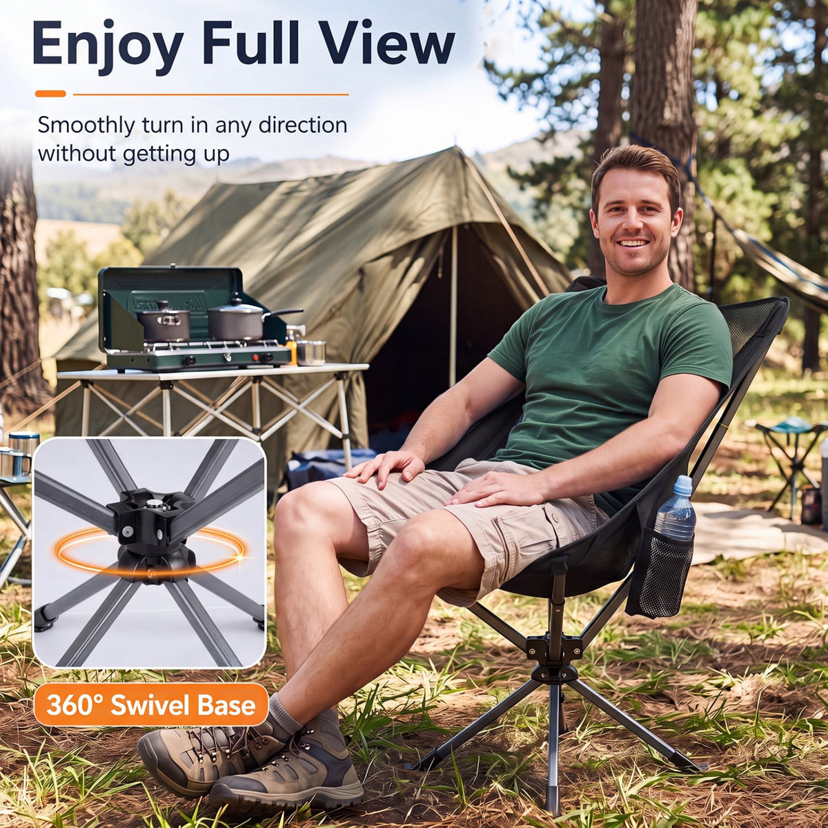 360° Swivel Camping Chair with Cup Holder and Side Pocket for Beach Support 300 LBS-Black-Camping Furniture-DECOROLALA