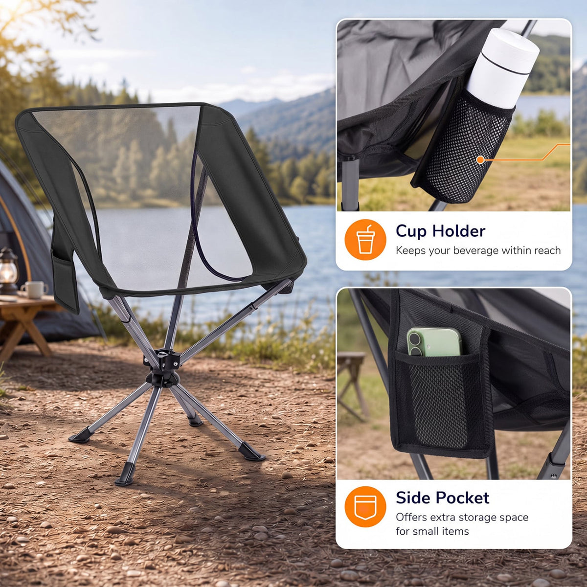 360° Swivel Camping Chair with Cup Holder and Side Pocket for Beach Support 300 LBS-Black-Camping Furniture-DECOROLALA