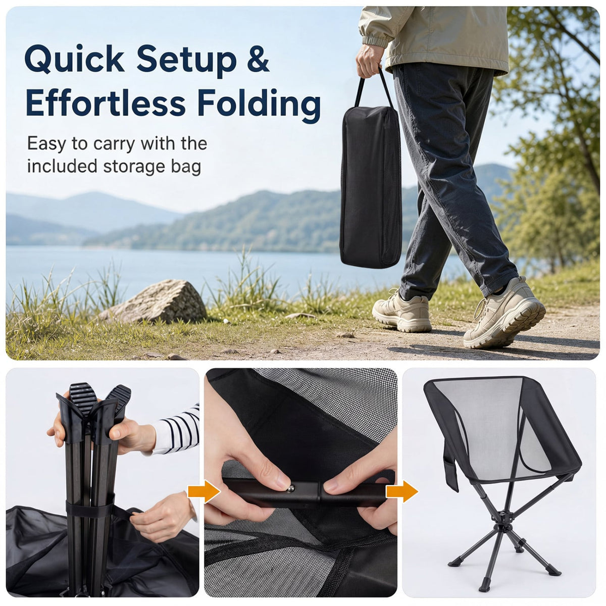 360° Swivel Camping Chair with Cup Holder and Side Pocket for Beach Support 300 LBS-Black-Camping Furniture-DECOROLALA