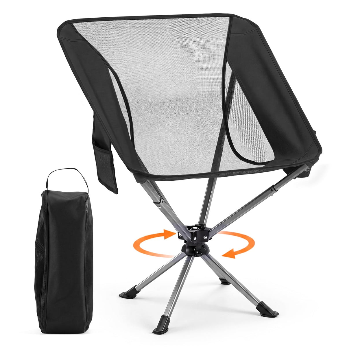 360° Swivel Camping Chair with Cup Holder and Side Pocket for Beach Support 300 LBS-Black-Camping Furniture-DECOROLALA
