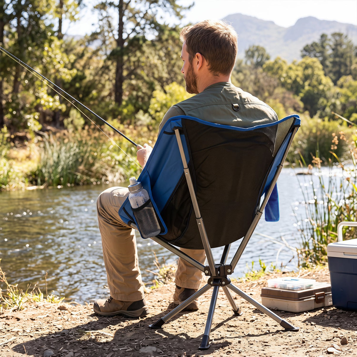 360° Swivel Camping Chair with Cup Holder and Side Pocket for Beach Support 300 LBS-Blue-Camping Furniture-DECOROLALA
