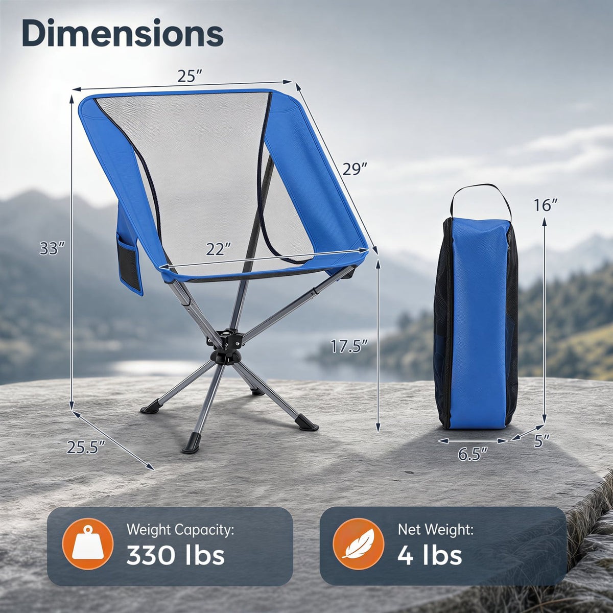 360° Swivel Camping Chair with Cup Holder and Side Pocket for Beach Support 300 LBS-Blue-Camping Furniture-DECOROLALA