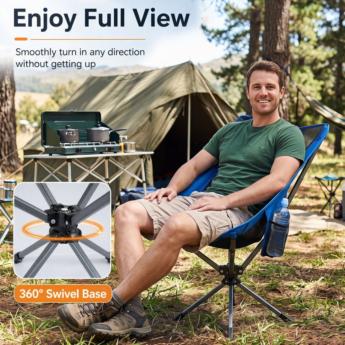 360° Swivel Camping Chair with Cup Holder and Side Pocket for Beach Support 300 LBS-Blue-Camping Furniture-DECOROLALA