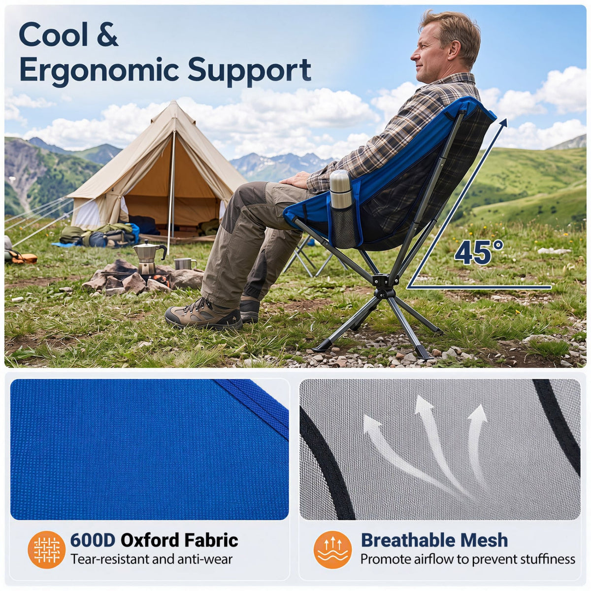 360° Swivel Camping Chair with Cup Holder and Side Pocket for Beach Support 300 LBS-Blue-Camping Furniture-DECOROLALA