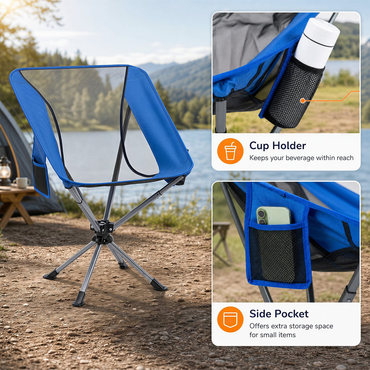 360° Swivel Camping Chair with Cup Holder and Side Pocket for Beach Support 300 LBS-Blue-Camping Furniture-DECOROLALA