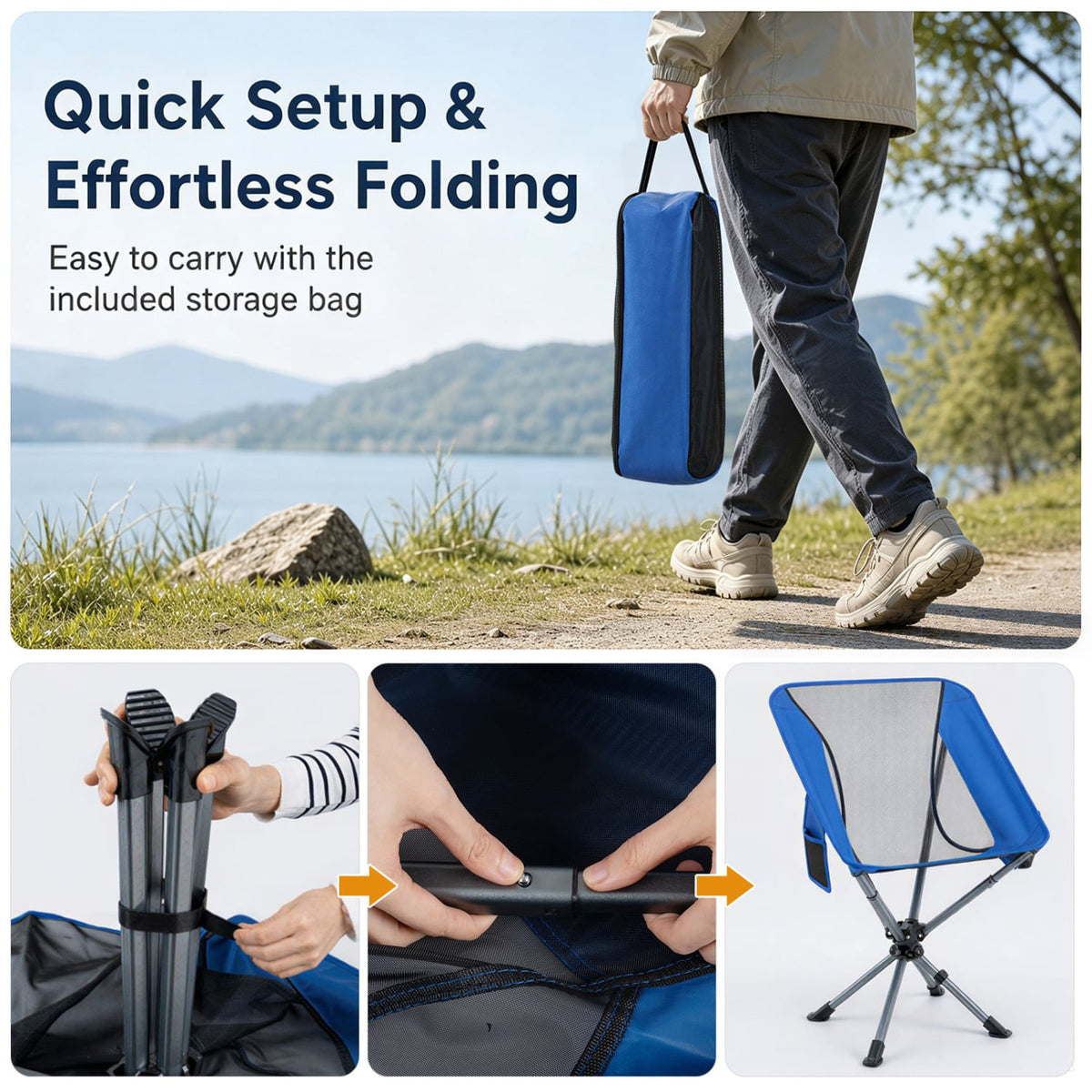 360° Swivel Camping Chair with Cup Holder and Side Pocket for Beach Support 300 LBS-Blue-Camping Furniture-DECOROLALA