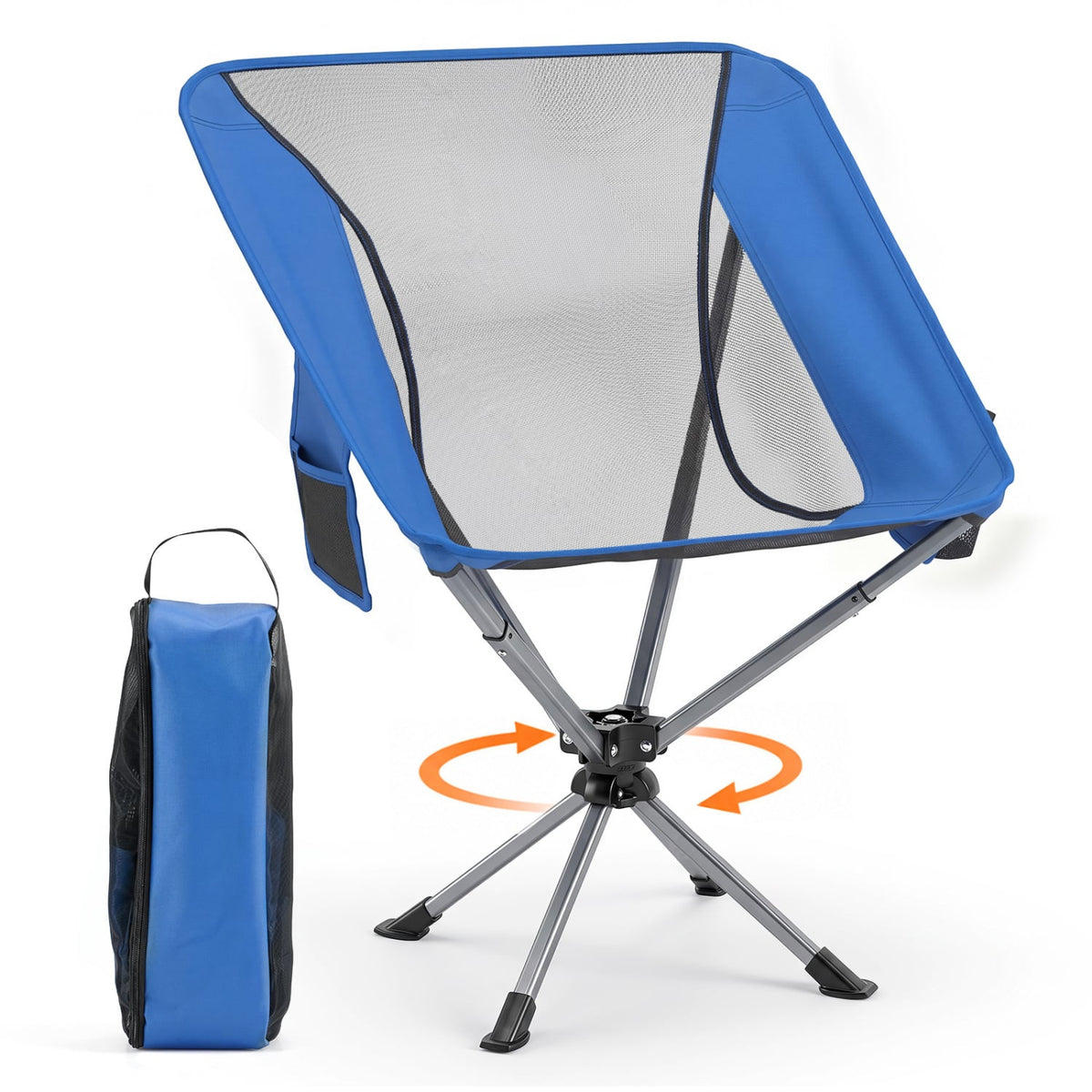 360° Swivel Camping Chair with Cup Holder and Side Pocket for Beach Support 300 LBS-Blue-Camping Furniture-DECOROLALA