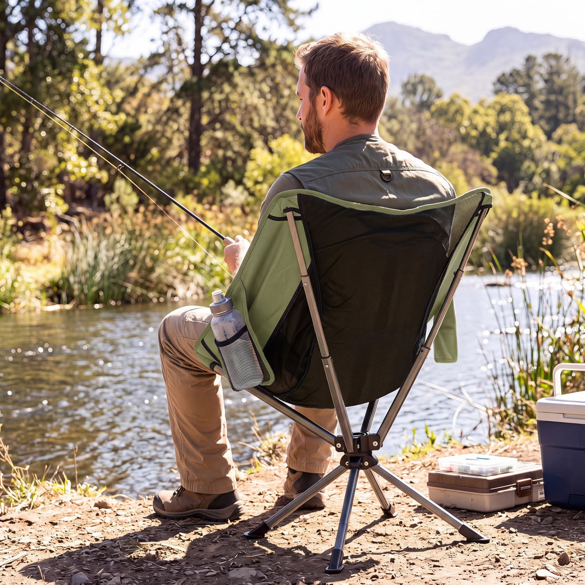 360° Swivel Camping Chair with Cup Holder and Side Pocket for Beach Support 300 LBS-Green-Camping Furniture-DECOROLALA
