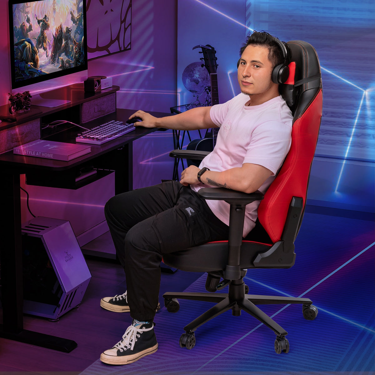 360° Swivel Computer Chair with Casters for Office Bedroom-Red-Gaming Chairs-DECOROLALA