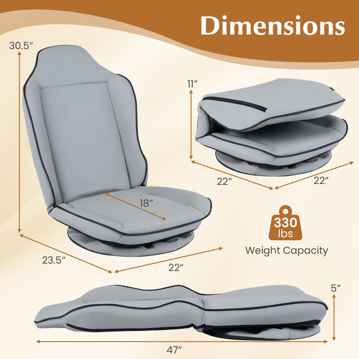 360° Swivel Floor Gaming Chair with 5-Level Adjustable Backrest-Gray-Gaming Chairs-DECOROLALA