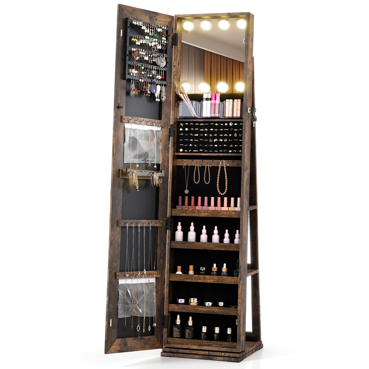 360° Swivel Freestanding Jewelry Cabinet with Lighted Full Length Mirror-Rustic Brown-Jewelry Armoires-DECOROLALA