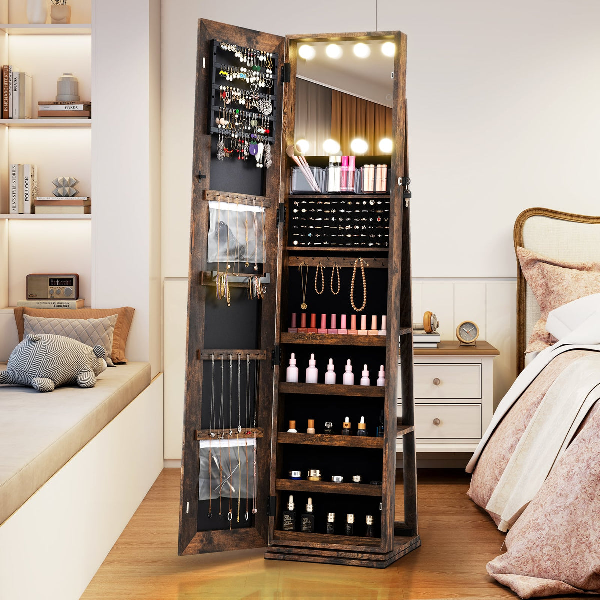 360° Swivel Freestanding Jewelry Cabinet with Lighted Full Length Mirror-Rustic Brown-Jewelry Armoires-DECOROLALA