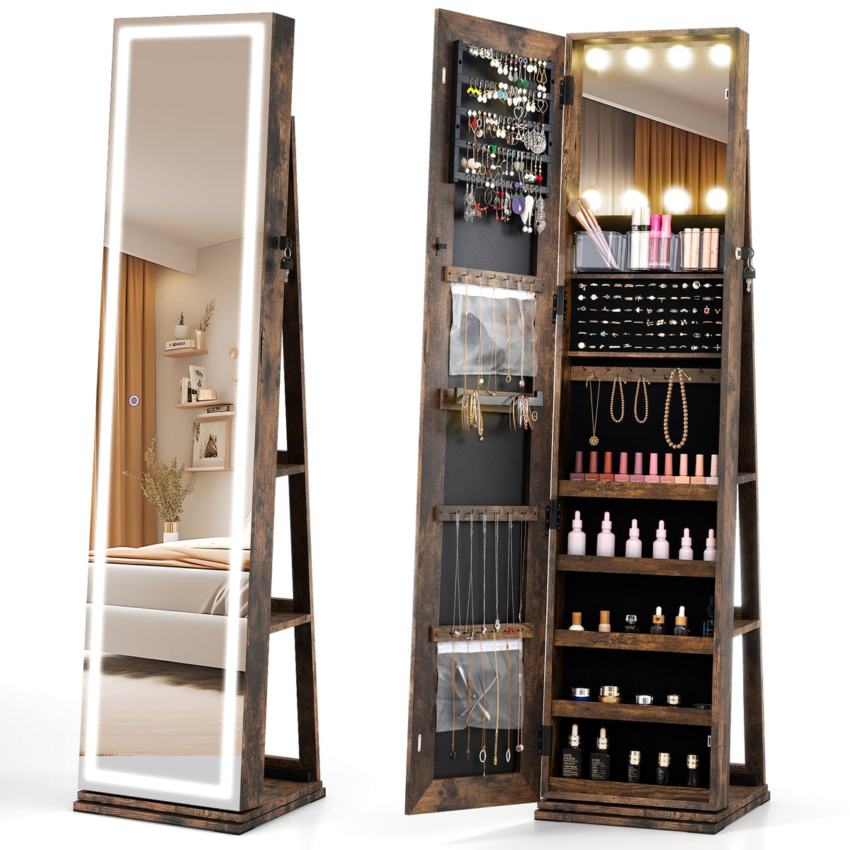 360° Swivel Freestanding Jewelry Cabinet with Lighted Full Length Mirror-Rustic Brown-Jewelry Armoires-DECOROLALA