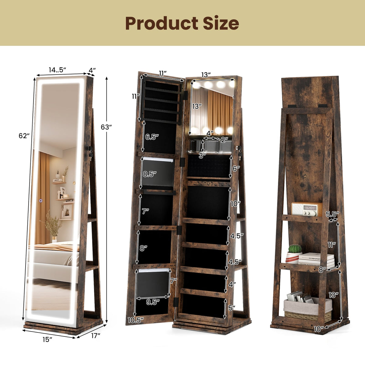 360° Swivel Freestanding Jewelry Cabinet with Lighted Full Length Mirror-Rustic Brown-Jewelry Armoires-DECOROLALA