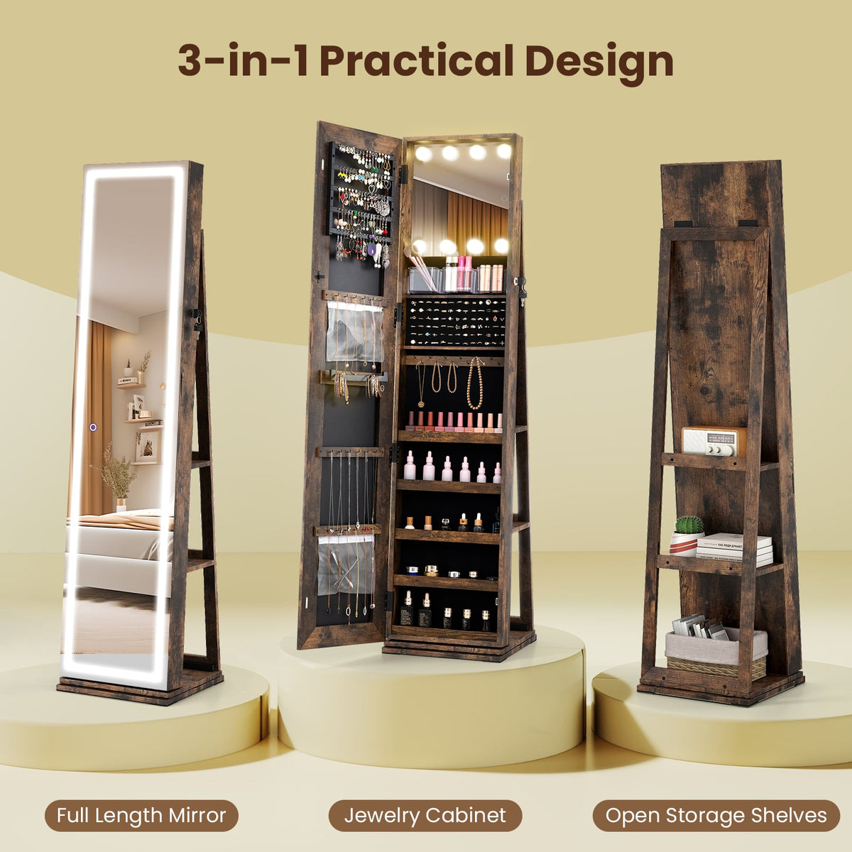 360° Swivel Freestanding Jewelry Cabinet with Lighted Full Length Mirror-Rustic Brown-Jewelry Armoires-DECOROLALA